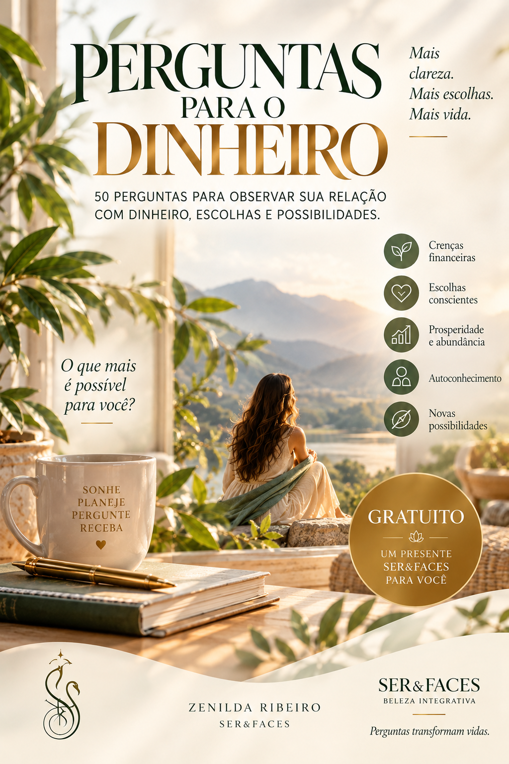 Capa do eBook gratuito Perguntas para o Dinheiro — 50 perguntas para observar sua relação com dinheiro, escolhas e possibilidades, da SER&FACES